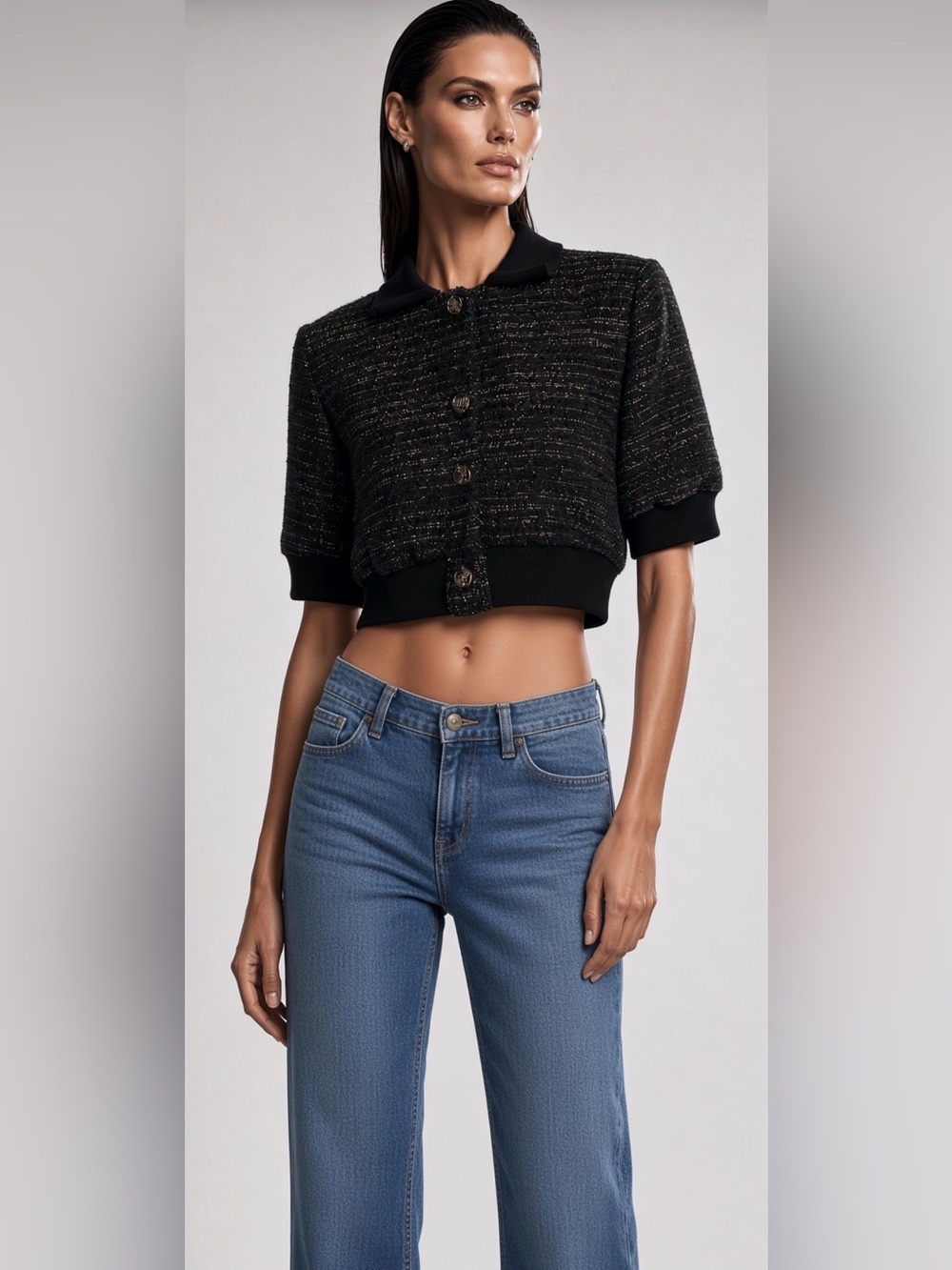 Sandro Textured Black and Silver Buttoned Jacket Small 36
